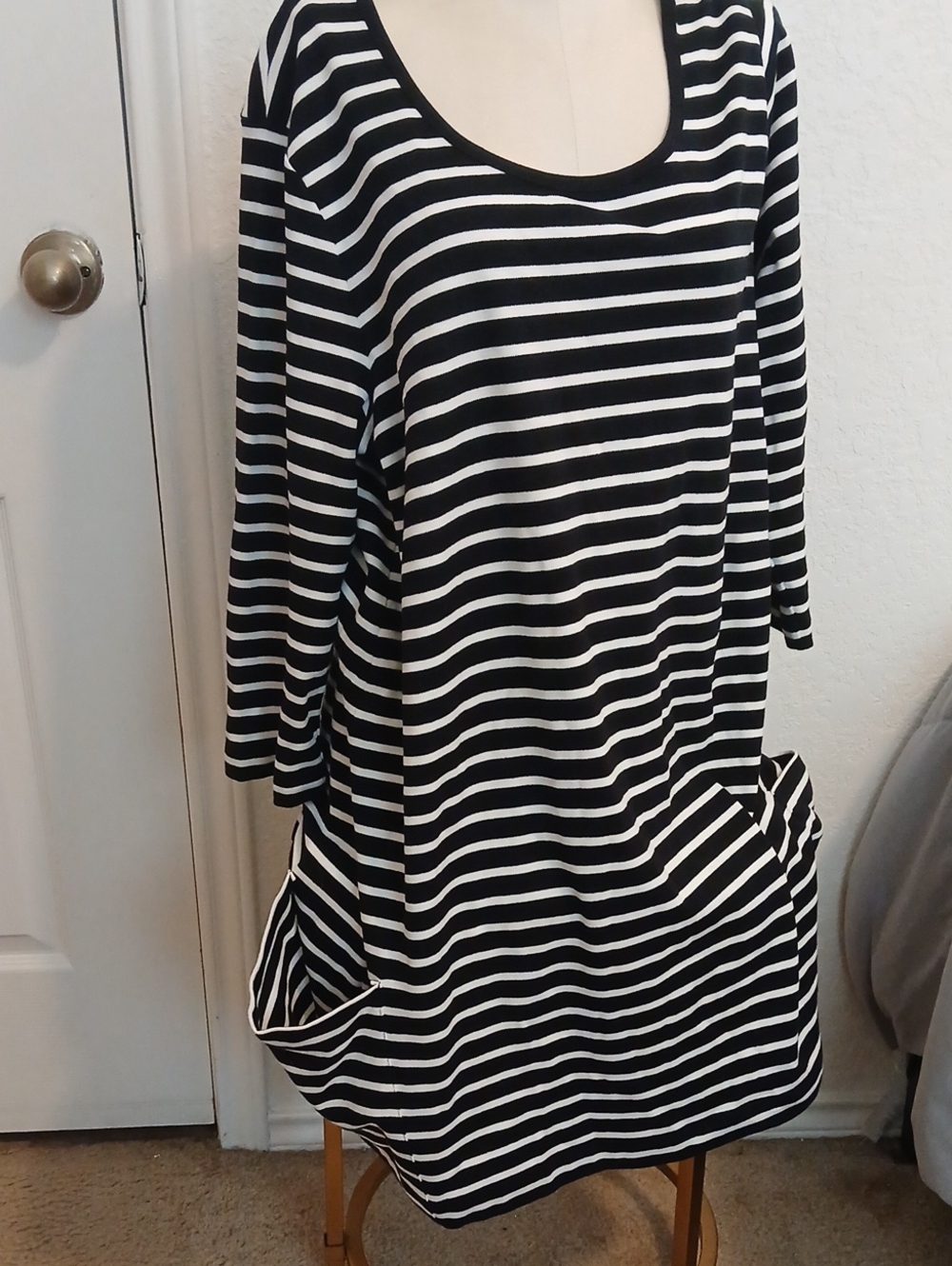Joan Vass Black and White Striped Scoop-Neck Tunic